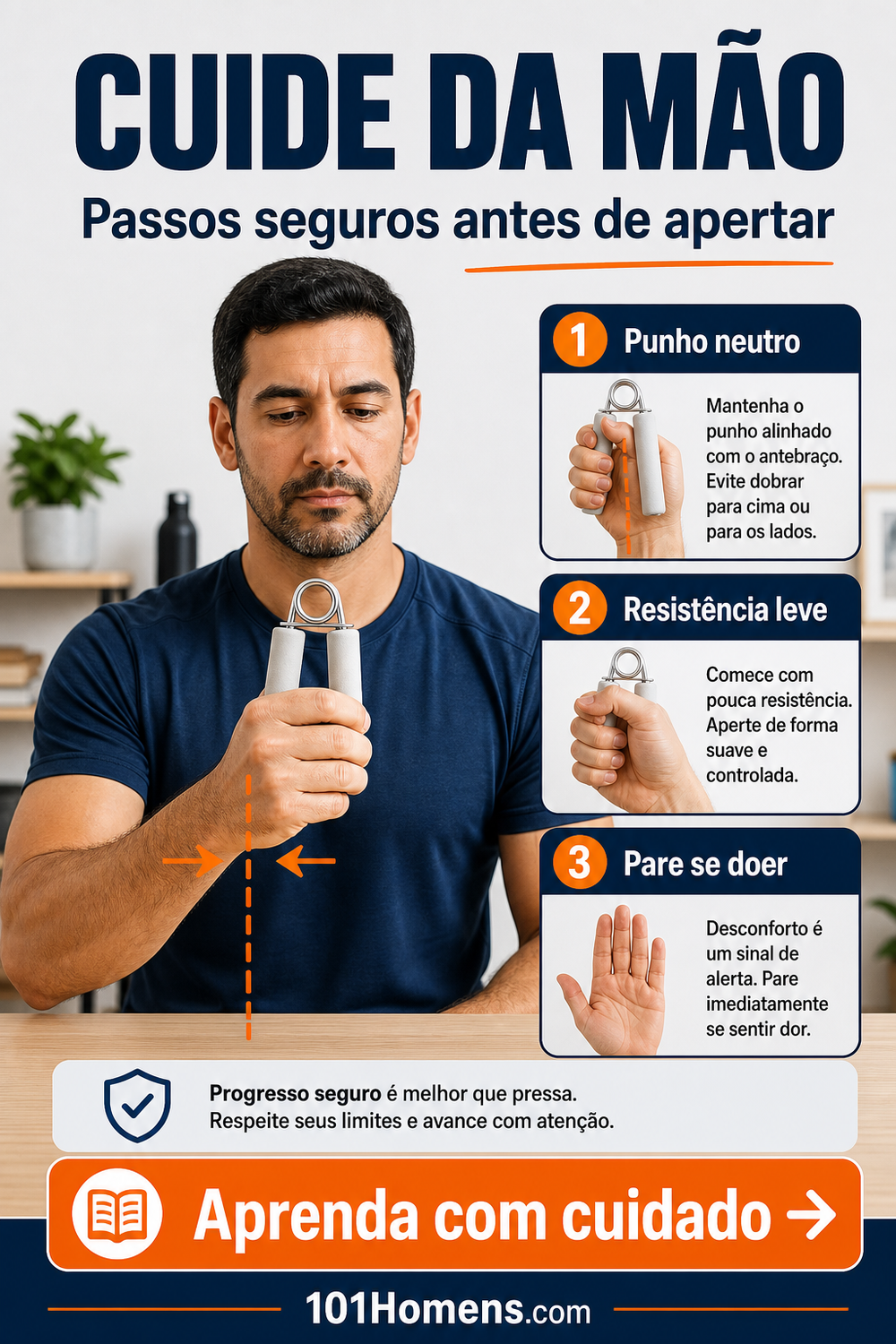 Homem adulto usando handgrip leve com punho neutro e passos de cuidado para articulações.