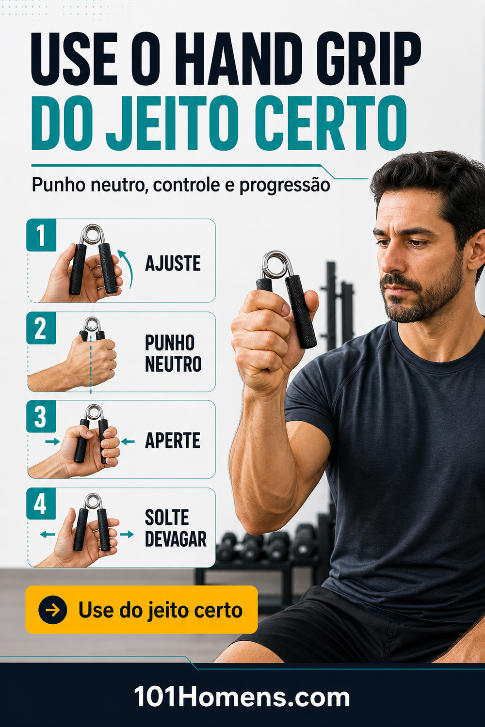 Homem adulto demonstrando como usar hand grip corretamente com punho neutro e passos visuais.