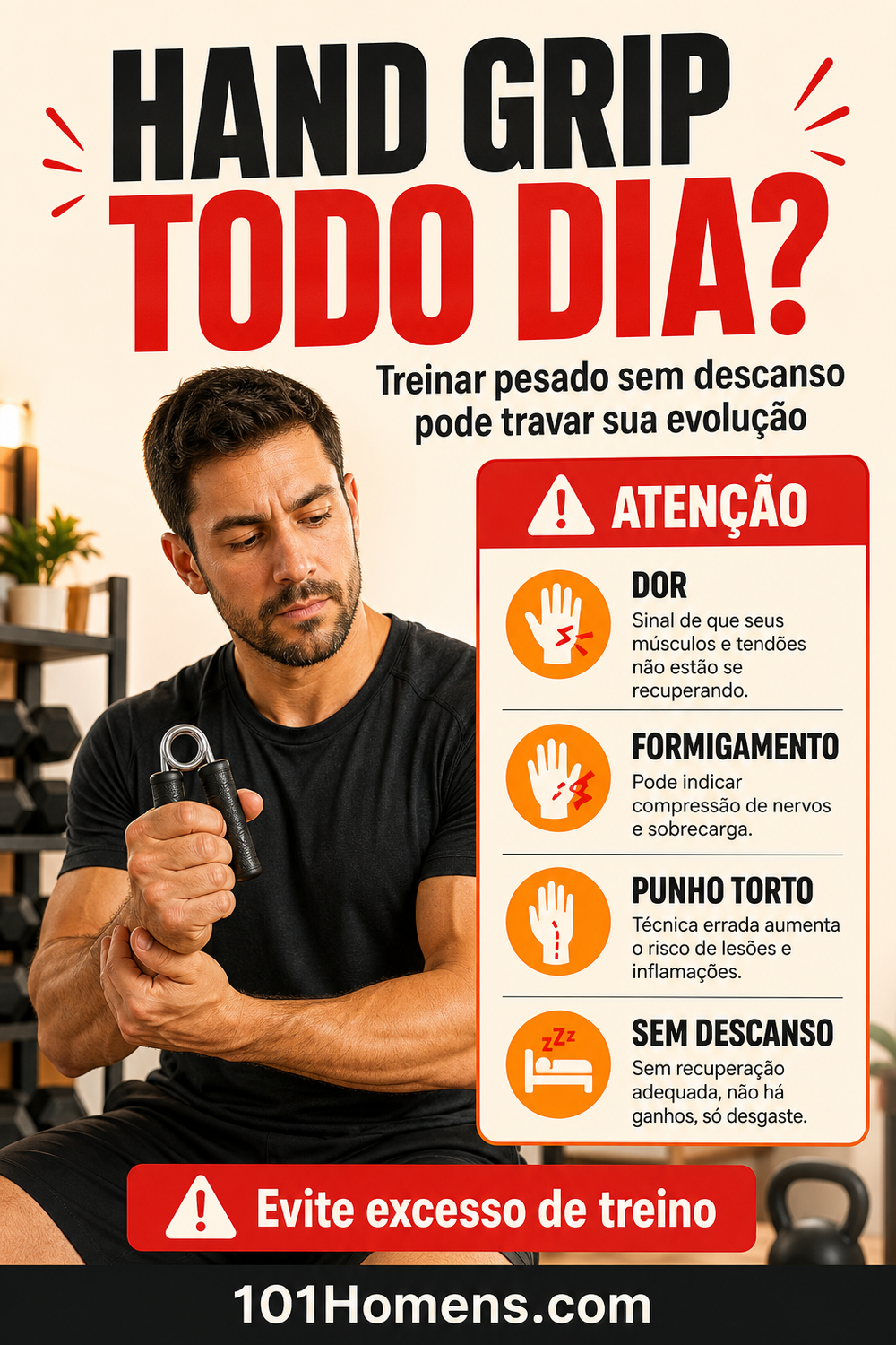 Homem adulto segurando hand grip com alerta sobre usar hand grip todos os dias sem descanso.