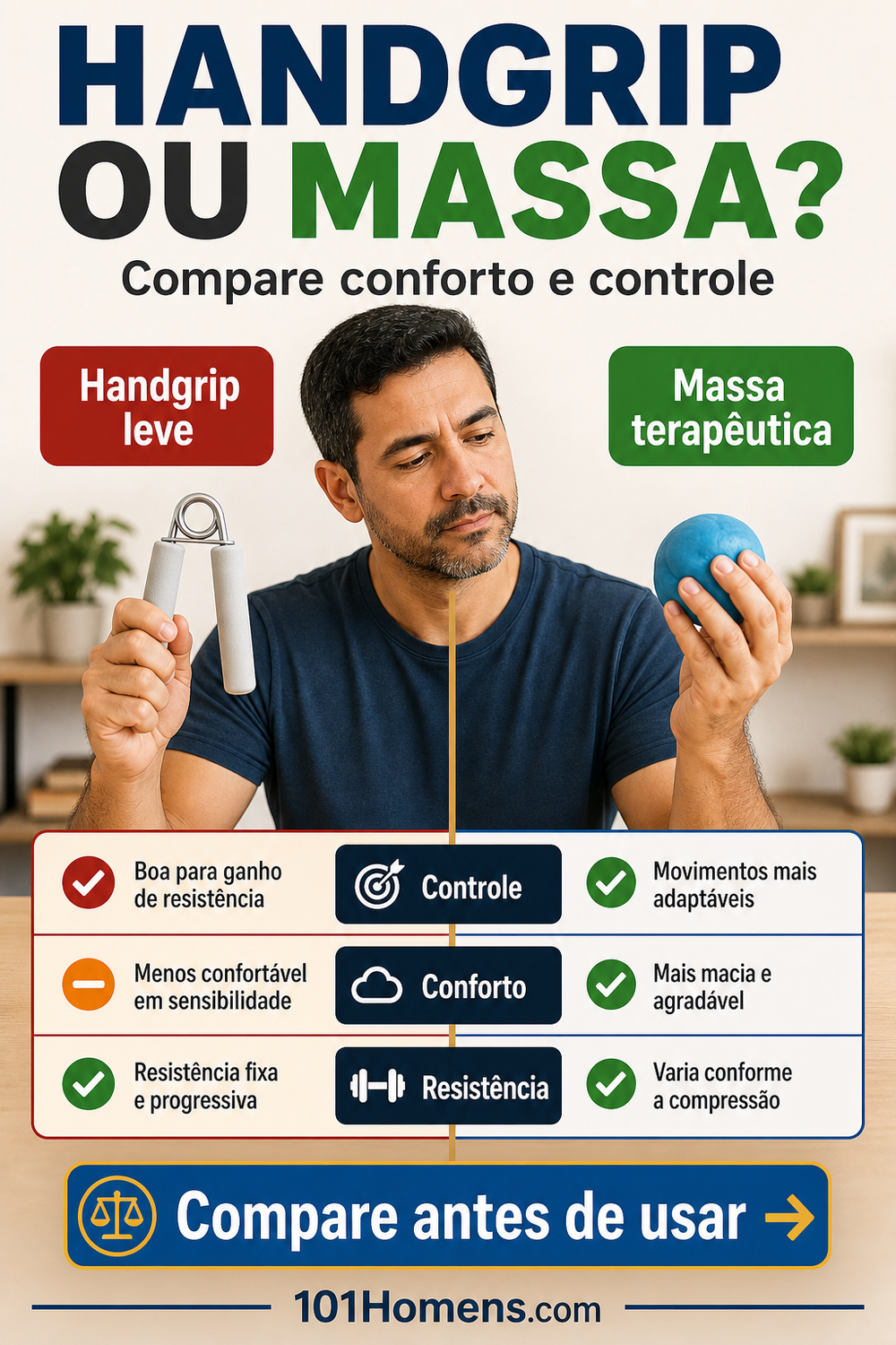 Homem adulto comparando um handgrip leve e massa terapêutica para escolher com cautela.