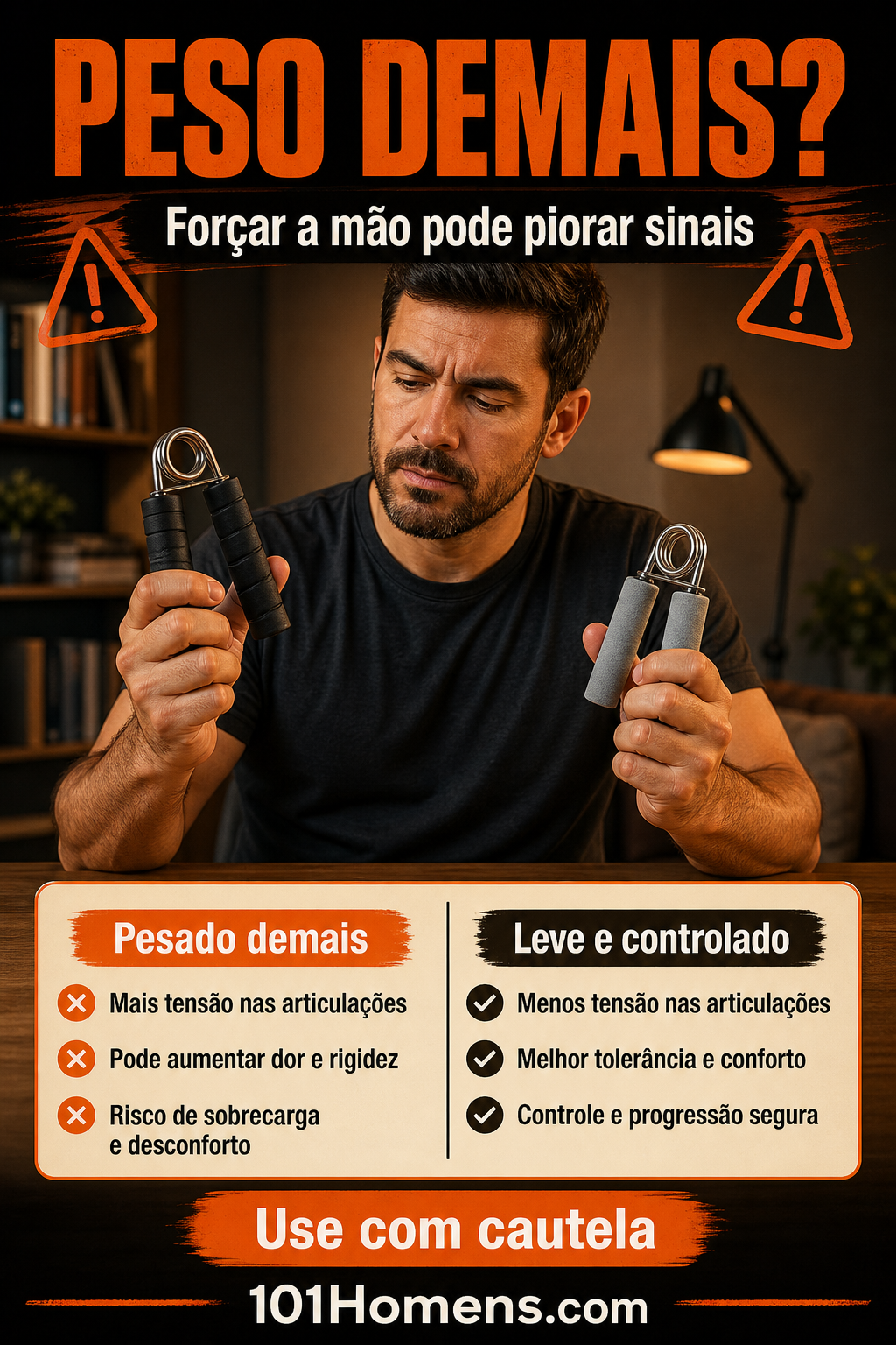 Homem adulto comparando handgrip pesado e handgrip leve com alerta para usar com cautela.